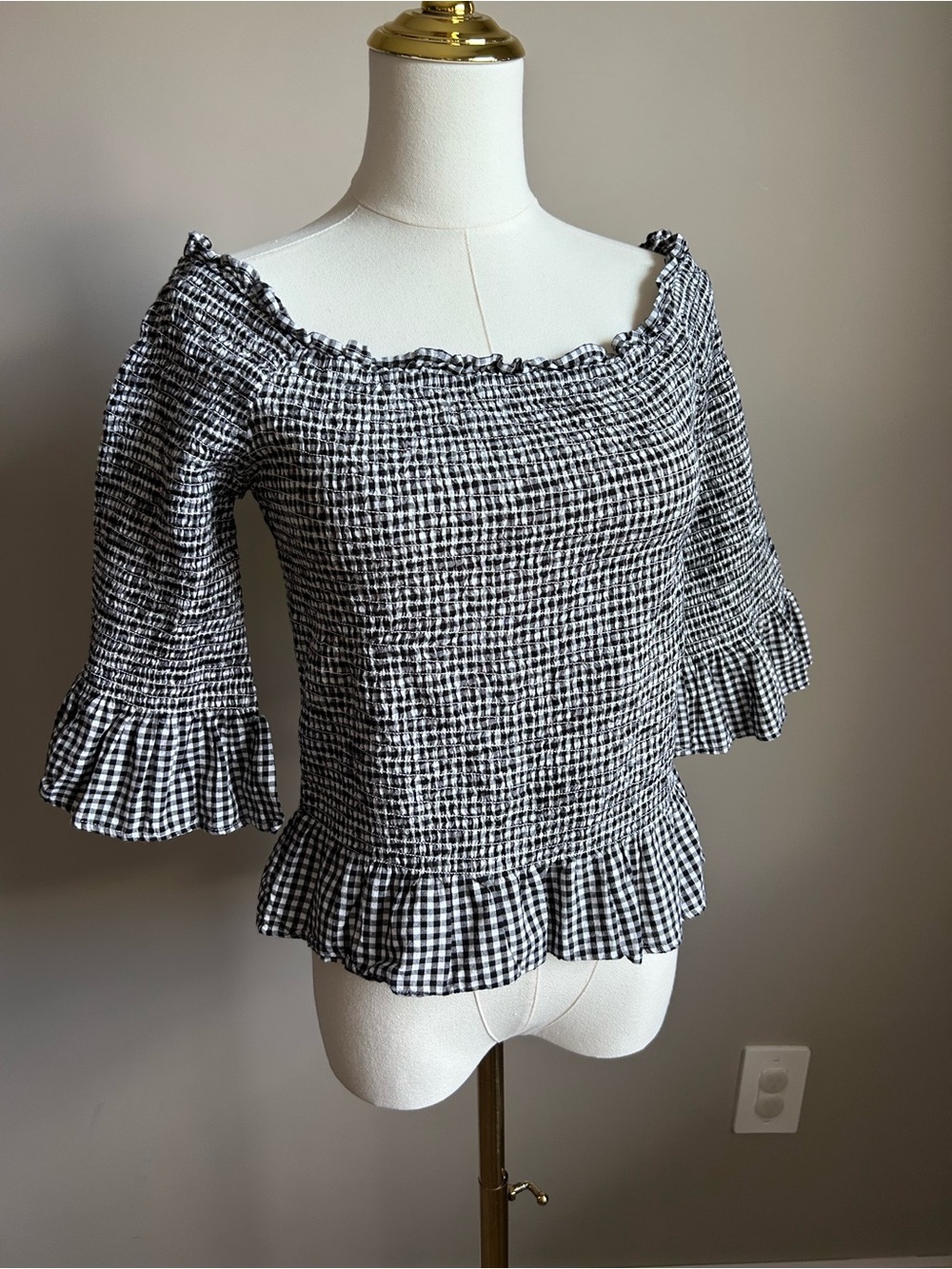 100% cotton Black & White Gingham Smocked Peplum Top summer off the shoulder